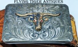 Classic Early 1930s Unmarked Srour Trophy Buckle in Sterling & 10K w/Ruby Eyes On pressed Belt