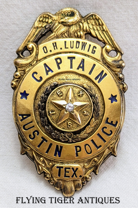 Beautiful ca 1950 Austin TX Police Captain Badge of Otto H. Ludwig in GF with .15 Carat Diamond