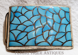 70s Zuni Silver & Sleeping Beauty Turquoise Fish Scale Inlay Belt Buckle by Rodney Georgeann Hughte