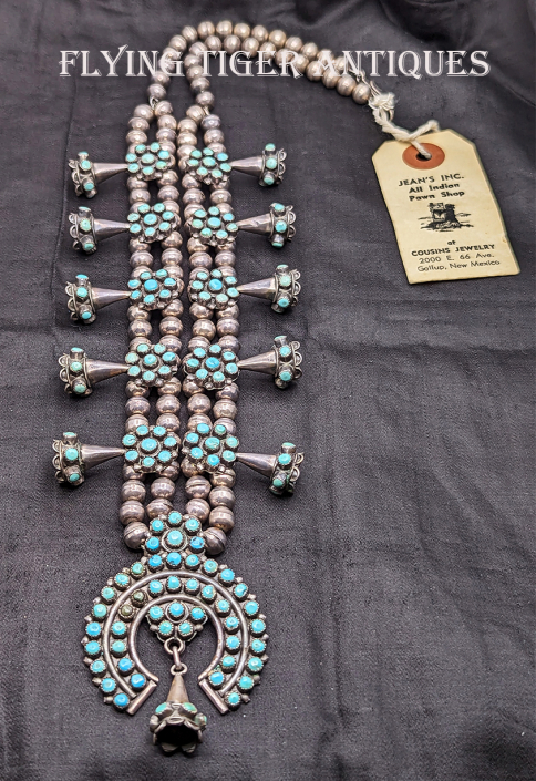 Bernard Bowekaty Vintage Native American Zuni Turquoise Squash Blossom Necklace Sterling Silver Bernard Bowekaty Vintage Native American Zuni Turquoise Squash Blossom Necklace Sterling Silver