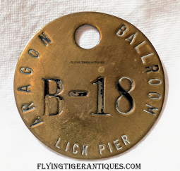 Great 1940s Aragon Ballroom Lick Pier Santa Monica CA Brass Coat Check # B-18