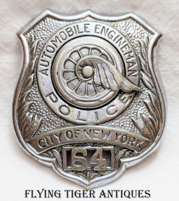 Great Early 20th C. Circa 1910s-1930s NYPD Automobile Engineman Badge # 64
