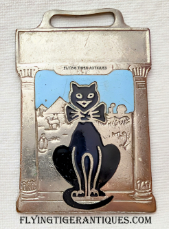 Great 1910s-20s Black Cat Hosiery Adv Watch Fob in Enameled Nickeled Brass