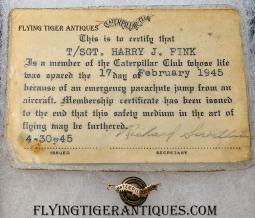 Late WWII 8th AF 453rd BG 733rd BS Caterpillar Club Pin & Card Flight Engineer T/Sgt Harry J. Fink