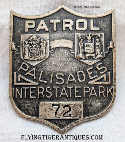 Rare 1920s Palisades Interstate Park NY & NJ Patrol Officer LARGE Size Badge # 72 by Robbins