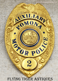 Beautiful Late 1930s Pomona CA Auxiliary MOTOR POLICE (Motorcycle) Badge #2 by LAS&S