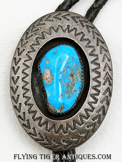 Beautiful 1960s-70s Navajo Silver & Sleeping Beauty Turquoise Shadow Box Bolo w/matching Tips