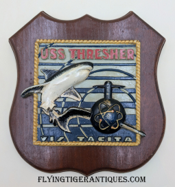 Rare Early 1960s USN USS Thresher SSN 593 Wood & Painted Epoxy Plaque Lost Submarine