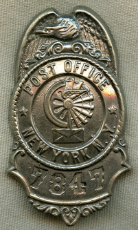 1880 - 1900 New York City Post Office City Delivery Service Badge #'d 7847