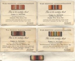 Set of 4 WWII United States Merchant Marine Award Cards With One Ribbon
