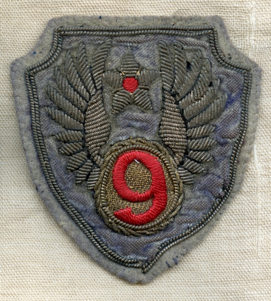 Nice but VERY Faded Italian Made WWII USAAF 9th AF Shoulder Patch in Bullion Silk Felt & Velvet