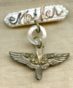 Early WWII US Air Corps Mother "Sweet Heart" Pin in Mother of Pearl & Plated White Metal.