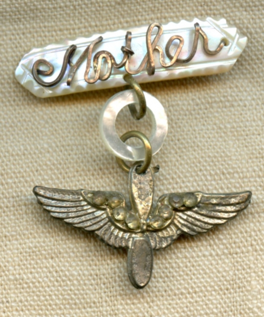 Early WWII US Air Corps Mother "Sweet Heart" Pin in Mother of Pearl & Plated White Metal.