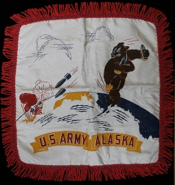 Great Comical WWII US Army Alaska Souvenir Pillowcase Showing a Grizzly Bear Hurling Bombs a
