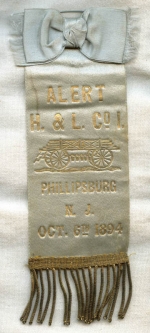 Beautiful Large 1894 Fire Parade Ribbon from Alert Hook & Ladder Co. 1, Phillipsburg, New Jersey