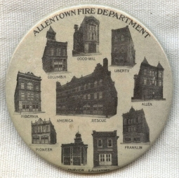 Large 1890s Allentown Pennsylvania Fire Department Souvenir Celluloid Showing City Dept Buildings