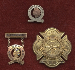 Ca. 1890s Amogerone Fire Co. No. 1 Chief (Pres.), Lapel & '50s Retirement Badges Greenwich