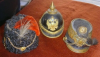 Fabulous 1890s Group of 3 Miniature Austrian Military Officers' Helmets in Bronze, Leather & Velvet