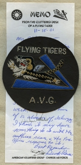2001 Flying Tigers Assoc Reunion Patch, Signed Note from AVG Pilot & 6 Kill Ace Dick Rossi