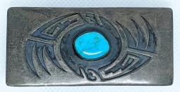 Beautiful Ca.1970 Willie A.Yazzie Jr Navajo Silver Overlay  Buckle with beautiful Carico Lake Turquo