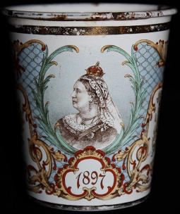 1897 Queen Victoria Diamond Jubilee Ornately Decorated Enameled Iron Beaker