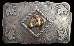 Great 1940's Keyston Bros. Horse Head Trophy Buckle w/ Scarce Maple Leaf Design