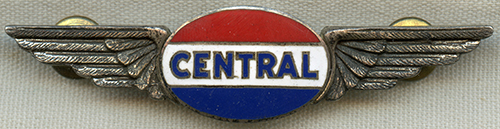 Extremely Rare Ca 1945 Central Air Lines Pilot Wing in Enameled Sterling Silver