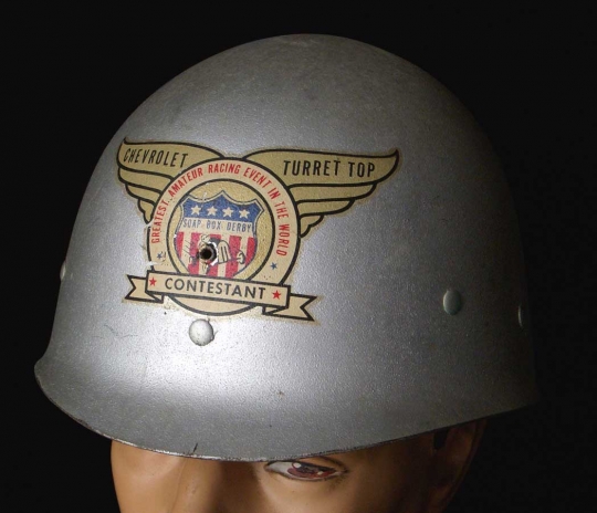 Late 1940s Chevrolet Turret Top Soap Box Derby Contestant Helmet Made of GI Helmet Liner