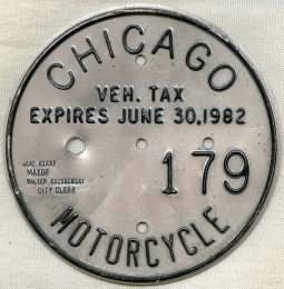 Vintage 1982 Chicago, Illinois Motorcycle License Plate #179