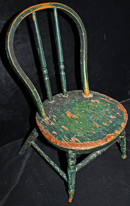 Lovely Old Wooden Child's or Doll's Windsor Chair. Black & Green Paint