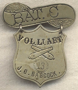 Civil War Veterans Badge for Battalion C 13th Vol. Lt. Art. Named to J.D. Babcock