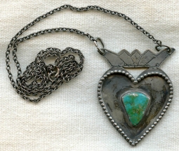 1950s Crowned Heart Necklace in Indian Silver & Turquoise