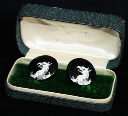 Vintage 1870's - 80's Large, Hand-Painted Glass Cufflinks with Griffin Heads in Antique Box