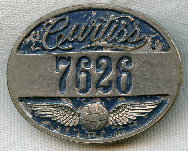 WWIEarly 1920s Curtiss Aeroplane & Motor Co. Worker Badge No. 7626 by
