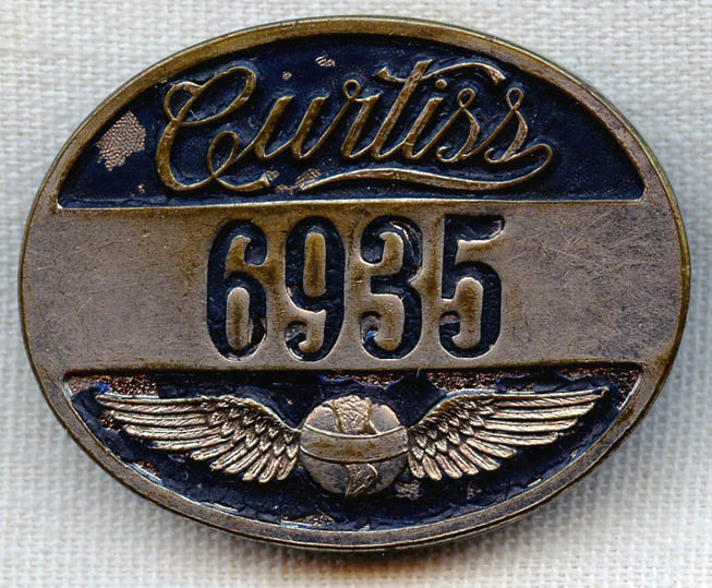 WWIEarly 1920s Curtiss Aeroplane & Motor Co. Worker Badge No. 6935 by