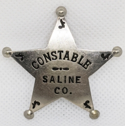 Great Ca 1900's - 1910's Saline County Kansas Constable 5 Point Star Badge