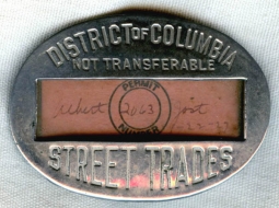 Interesting Circa 1941 District of Columbia Street Trades License Badge