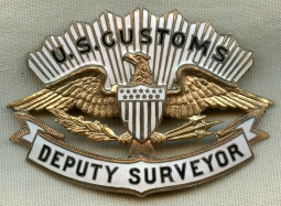 Rare Title: 1930's - 40's US Customs Deputy Surveyor Hat Badge in Near Mint Condition