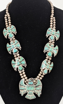 Powerful 1960s - 70s Navajo Silver Eagle theme Squash Blossom Necklace. Beautiful Design