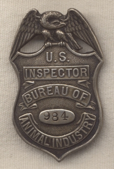 Early 1900's - 10's  US Bureau of Animal Industry Inspector Badge in Sterling Silver