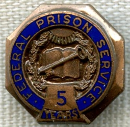 1930's US Federal Prison Service 5 Yr. Service Lapel Pin in Bronze by Bastian Bros. in N.Y.