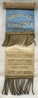 Nice 1890 Parade Ribbon for Goodwill Fire Co. No. 1 of Belvidere, New Jersey at Phillipsburg