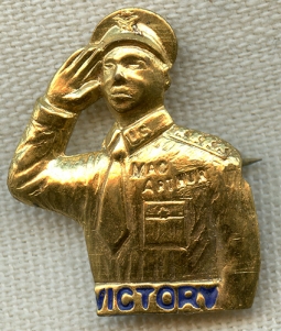 Great Early WWII General MacArthur Victory Pin in Stamped Brass