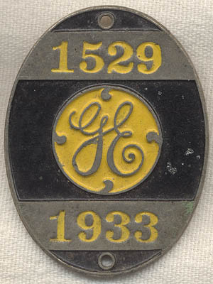1933 General Electric Worker Identification Badge by Whitehead & Hoag