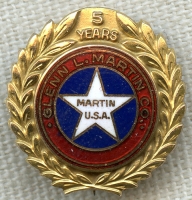 Gorgeous 1930's-40's Glenn L. Martin Co. (Aviation) 5 Year Service Pin in Enameled 10K Gold