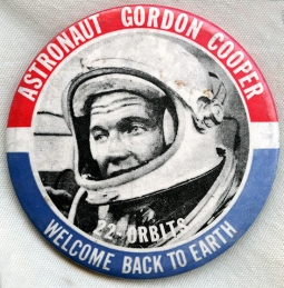 Scarce, Large Astronaut Gordon Cooper Welcome Back to Earth Celluloid Badge