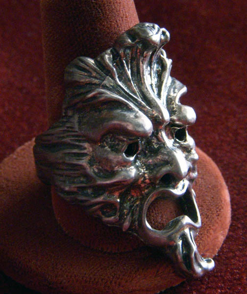 Classic 1960s Sterling Biker Ring in Pagan Green Man Design