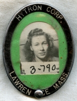 WWII Hytron Radio Tube Mfg. Corp. Woman Worker Photo ID Badge