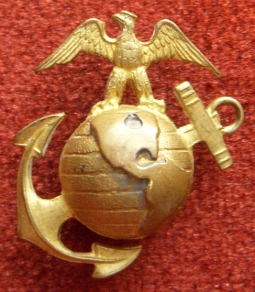 Scarce H&H Imperial Model 1937 US Marine Corps Officer Undress Overseas Cap Badge in Gilt Brass