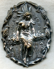 Wonderful, Large Jamestown Exhibition Pocahontas Badge in Silver Plated Brass